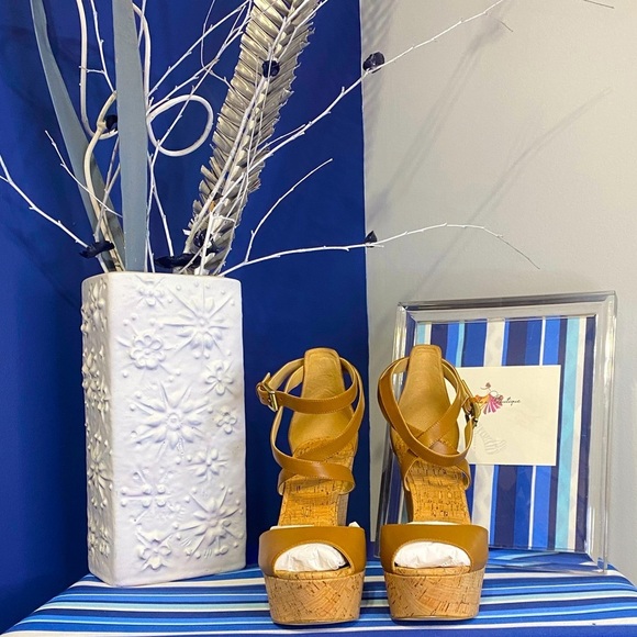 Michael Kors brown cork platform wedge strappy ankle high heel sandals Sz 10 - Picture 14 of 15